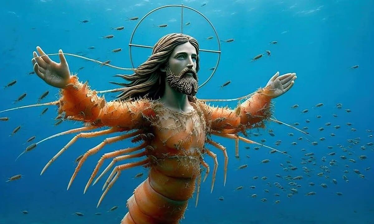 An example of AI slop but in image form. This one’s “Shrimp Jesus,” an AI-generated image that proliferated on Facebook in 2024. Photo: Wikimedia Commons