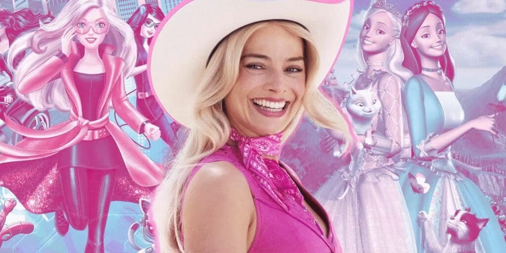 Official Barbie movie poster featuring Margot Robbie as Barbie in a bright pink background with playful, colorful elements.