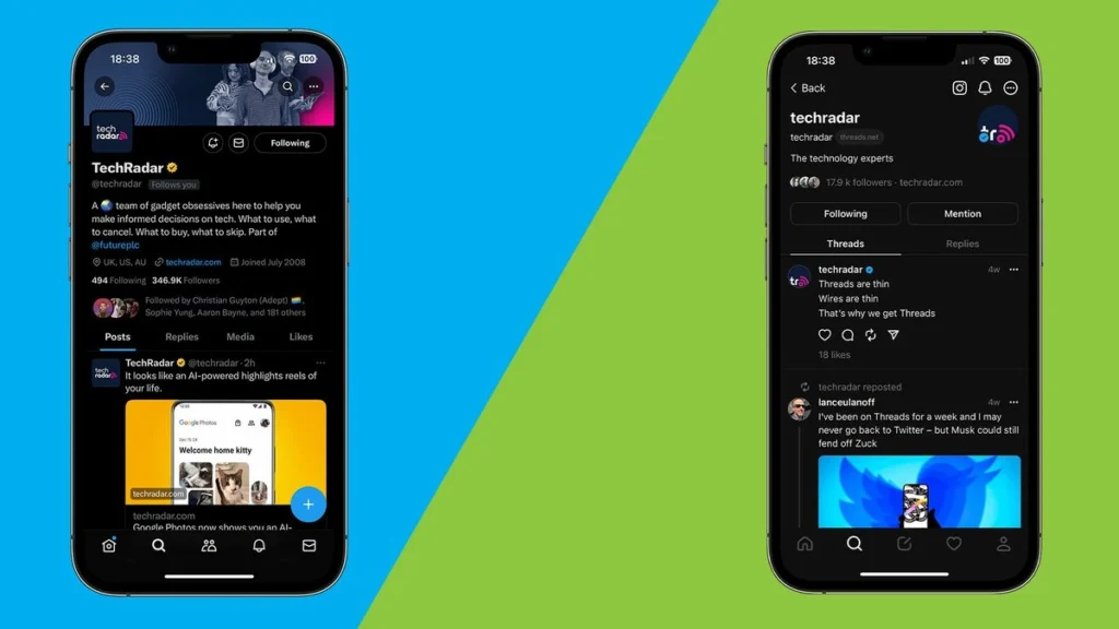 Two smartphones side by side showing social media feeds one displaying a Threads feed, the other showing a Twitter (X) feed.