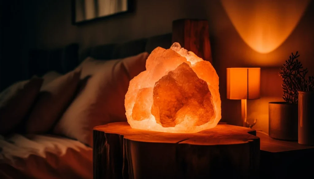 calming bedroom lighting ideas with floor lamp, fairy lights, and salt lamp