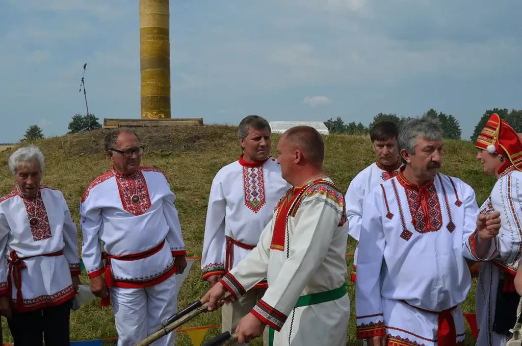 Erzya people in traditional clothing participating in a cultural festival in Mordovia, Russia.