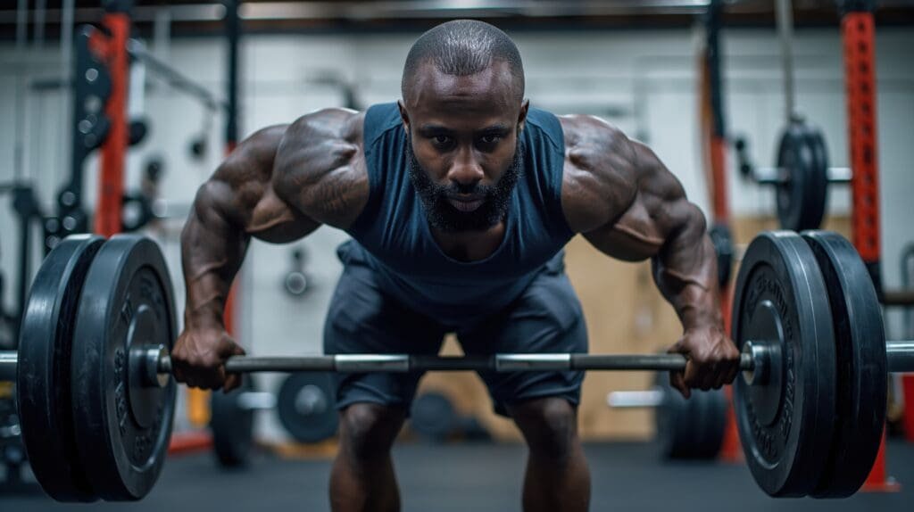 A fit man doing a hip hinge

