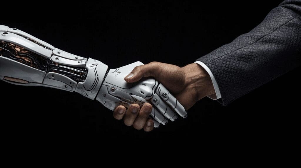Illustration of human hand shaking with AI robotic hand, highlighting balance between AI detection tools and human editing