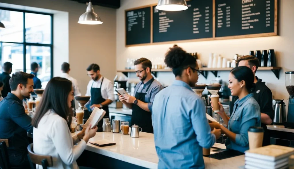 Busy modern coffee shop with people working, chatting, and baristas preparing drinks, symbolizing coffee’s role in community and culture today.