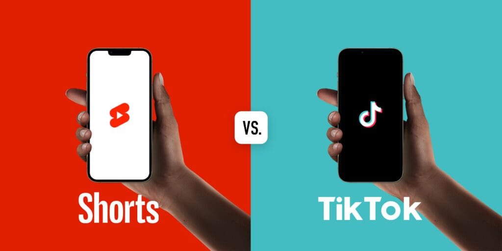 Split-screen photo showing two hands holding phones one displaying YouTube Shorts and the other TikTok symbolizing audience growth differences between the two platforms.