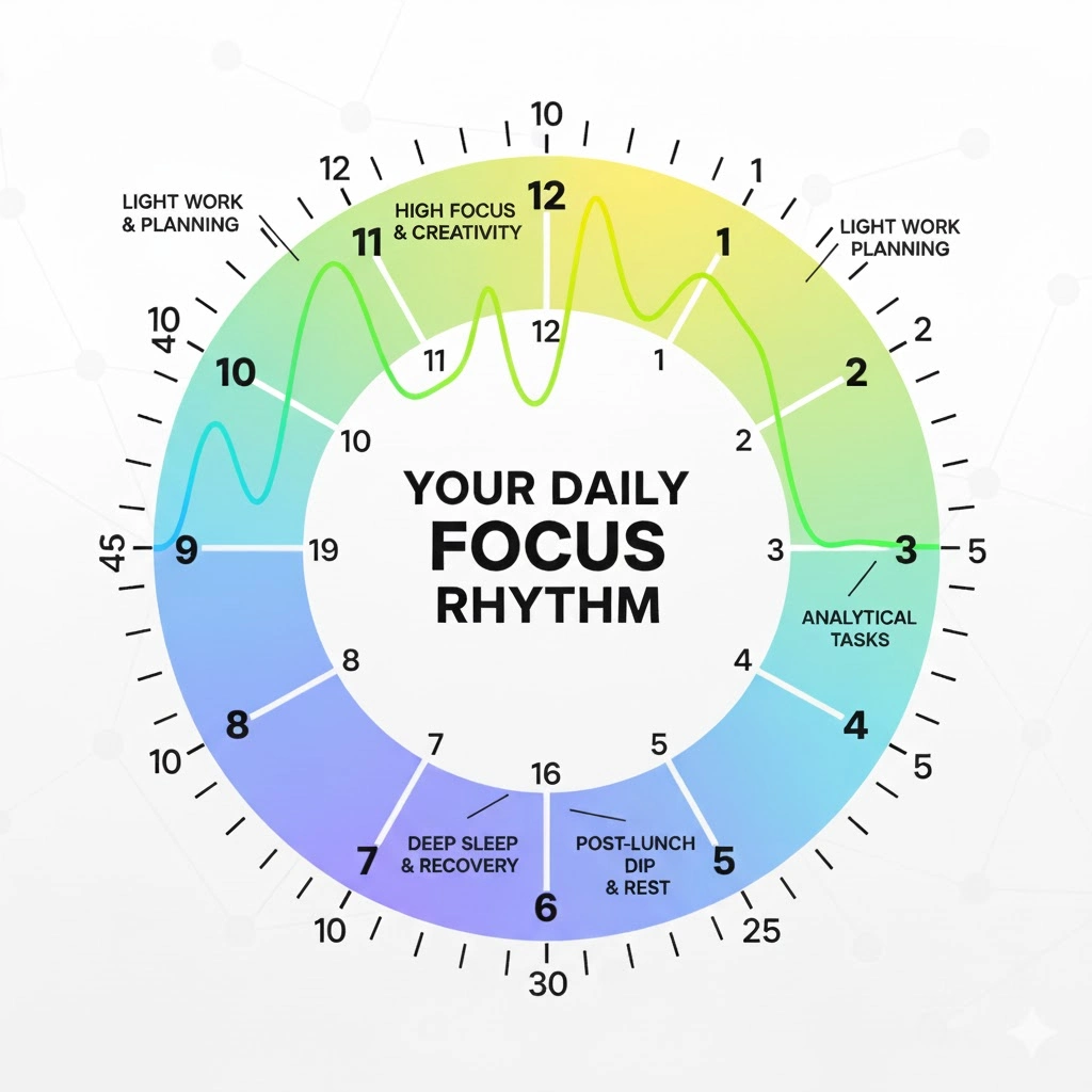 An illustration of a 24-hour clock showing a wavy line representing energy levels throughout the day. Different segments of the clock are labeled with activities like 'High Focus & Creativity,' 'Light Work & Planning,' 'Analytical Tasks,' 'Post-Lunch Dip & Rest,' and 'Deep Sleep & Recovery,' indicating when best to perform each based on natural energy patterns. The title 'YOUR DAILY FOCUS RHYTHM' is prominent in the center."