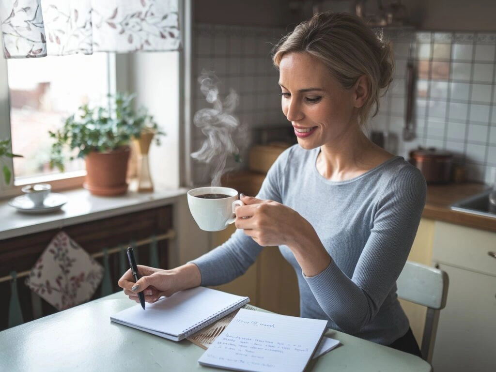 A smiling woman with blonde hair, wearing a gray shirt, sits at a kitchen table near a sunlit window. She holds a white mug of steaming coffee in one hand and writes in an open notebook with a pen in the other, symbolizing a calm morning journaling session.