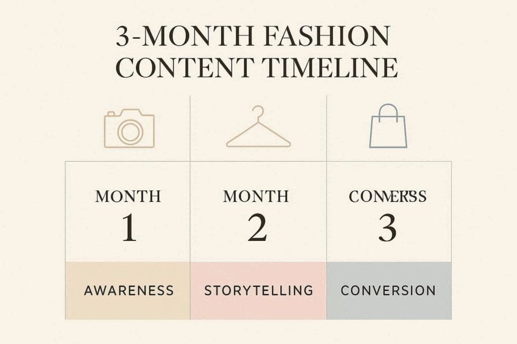 Three-month social media content timeline showing awareness, engagement, and conversion phases for fashion campaigns.