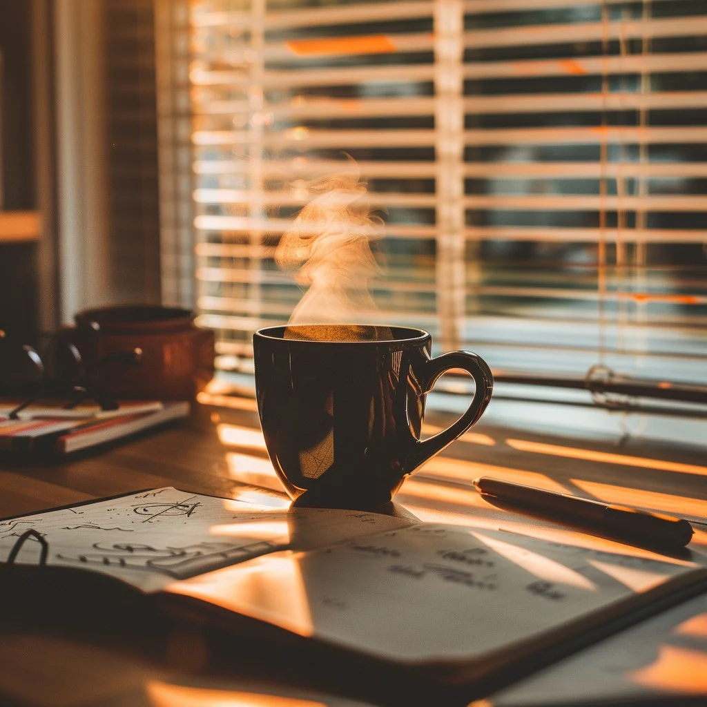 A dark ceramic mug filled with steaming coffee sits on a wooden desk next to an open journal and a pen. Warm sunlight streams through window blinds, creating a golden, peaceful atmosphere that highlights the steam and illuminates the workspace.