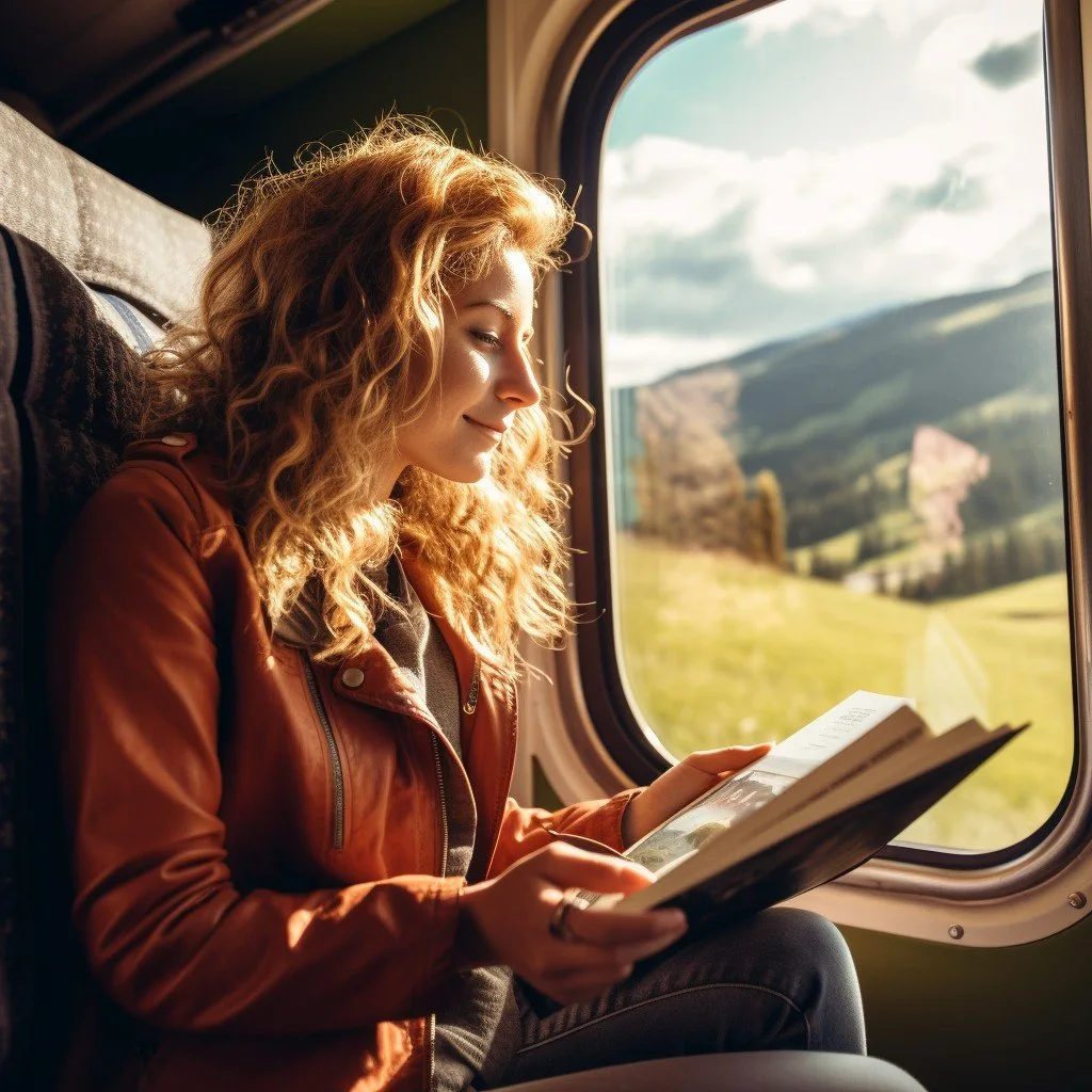 Traveler jreading by bright daylight through a train window, realigning circadian rhythm and focus while adapting to new time zones.