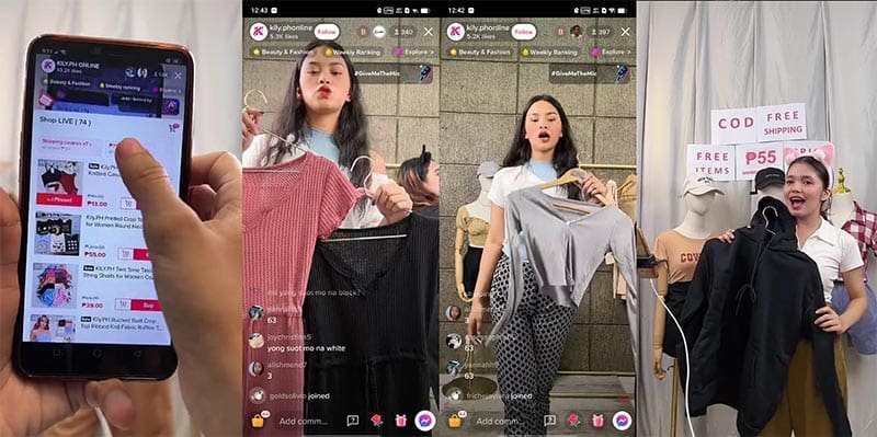 TikTok creators hosting live selling sessions, each engaging with their audiences through product demos, real-time chats, and reactions on screen.