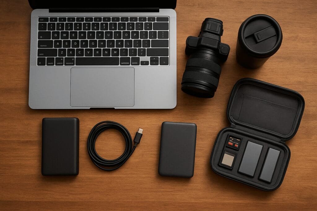 Flat lay of a travel setup on a wooden desk: a laptop, external hard drives, a charging cable, a camera lens, and a carrying case, all neatly arranged to suggest a reliable, power-ready workflow.