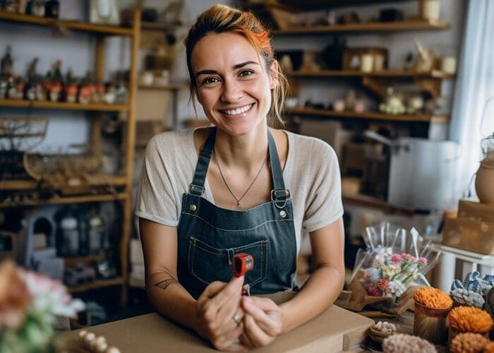 A small business owner smiling confidently with her products displayed in the background, preparing to start her TikTok Live shop.