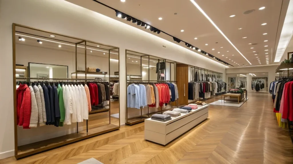 Modern clothing store with curated lighting, ambient music, and minimalist design enhancing the shopping experience in 2025.