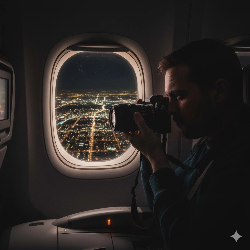 Capturing fleeting travel moments from a plane window.
