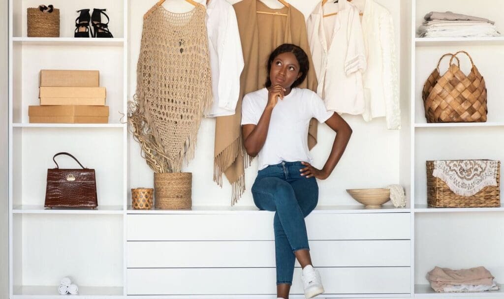 Young woman sitting in her closet, surrounded by clothes, thoughtfully evaluating her wardrobe choices.