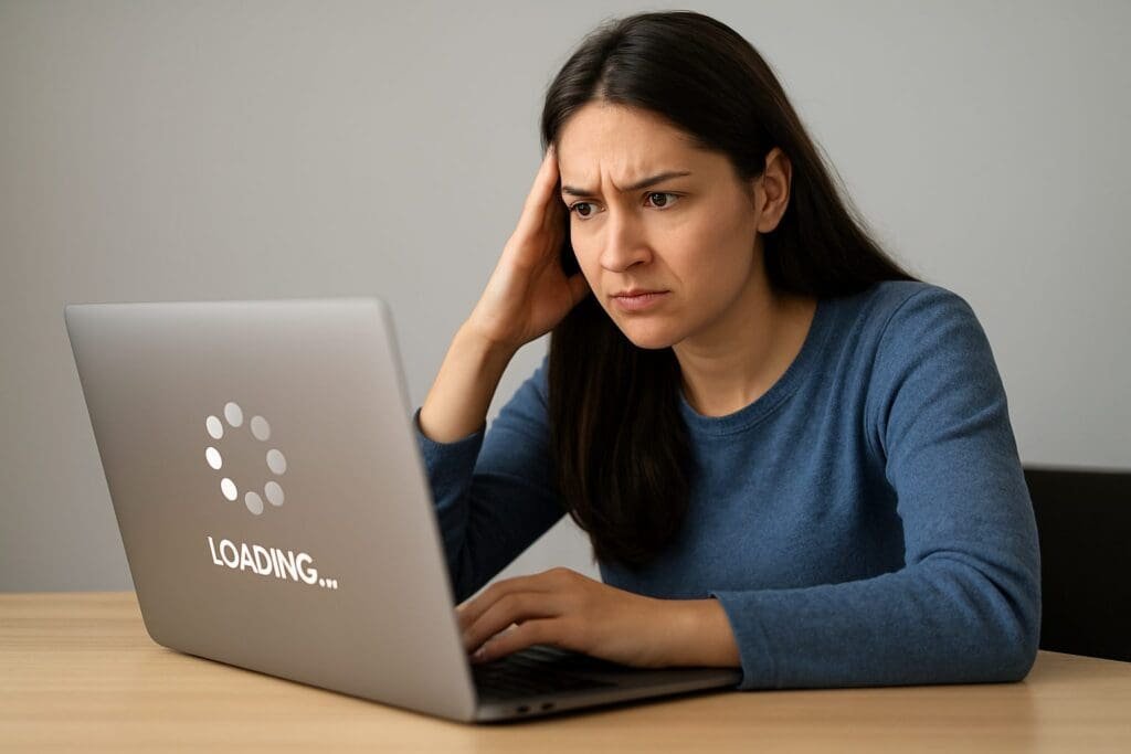 A frustrated woman sits at a desk, holding her head, looking intently at a laptop screen that displays a large, slow "LOADING..." indicator with a spinning circle.