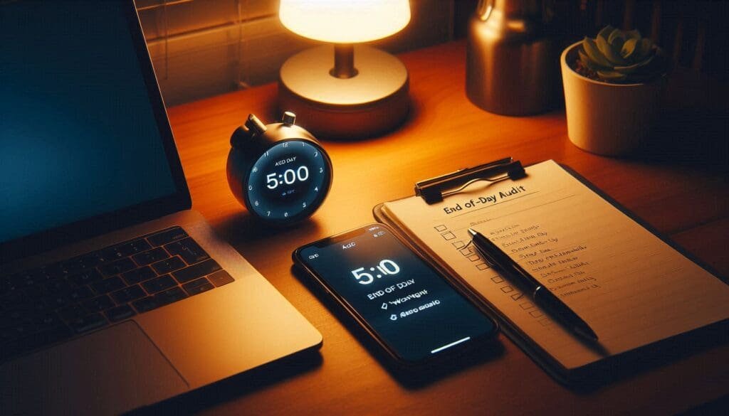 Five-minute stress check setup with a timer and end-of-day audit checklist for creators