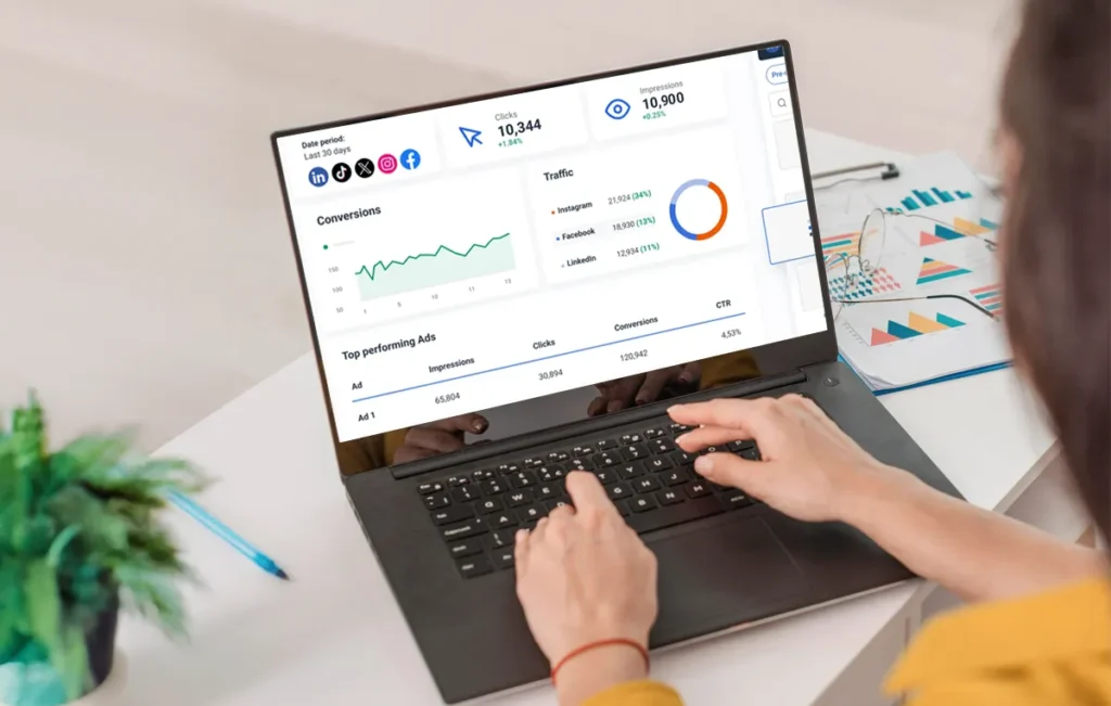 Digital workspace showing a content audit in progress with analytics dashboard, charts, and notes for reviewing social media and website performance.