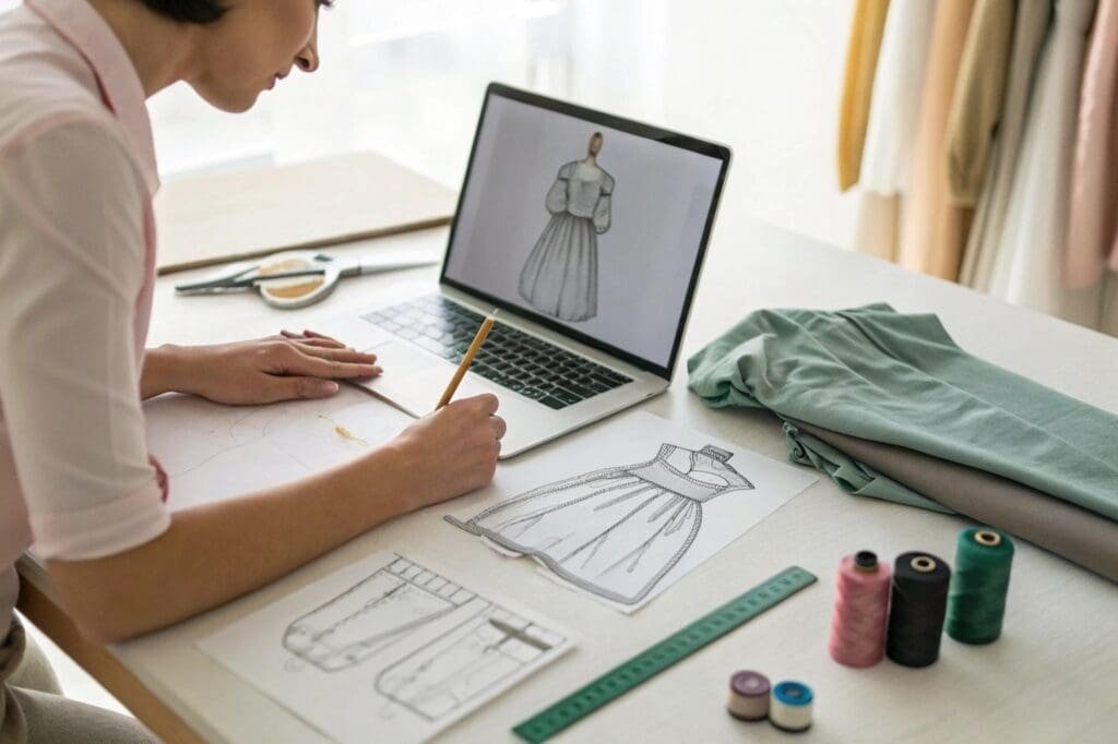 Blogger at a desk with ethical fashion pieces, laptop displaying a capsule wardrobe planner, and notes, illustrating monetizing through conscious fashion content.