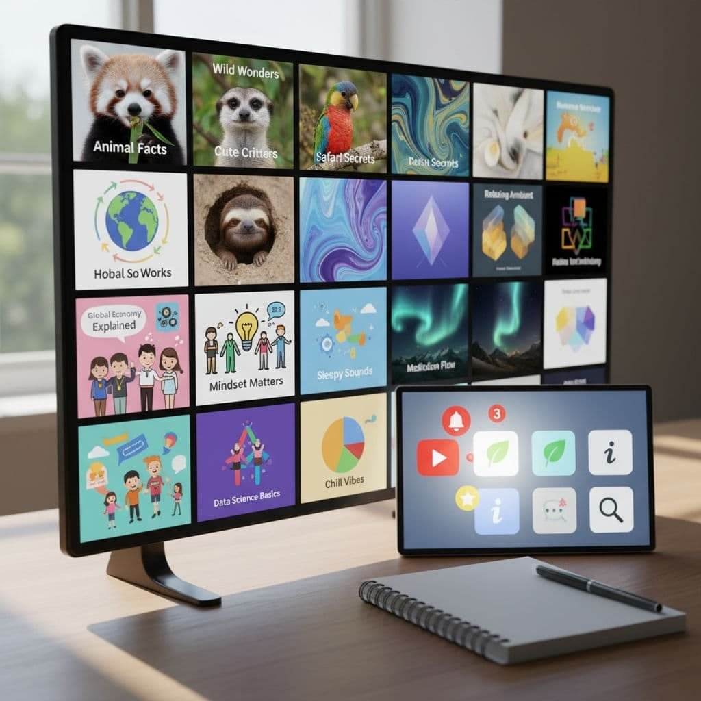 Photo-realistic collage of small YouTube thumbnails showing animals, animated explainers, relaxing visualizers, and simple icons, with glowing notification icons beside a notebook in soft natural light.