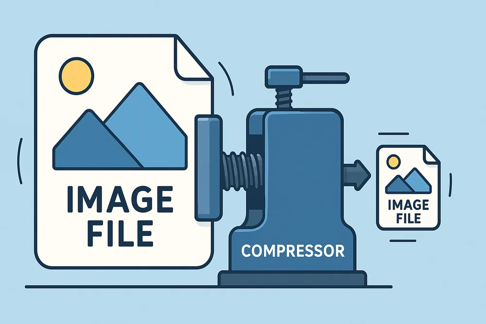 Cartoon illustration of a large digital image file being compressed by a "COMPRESSOR" machine, resulting in a much smaller image file on the right, symbolizing file size reduction.