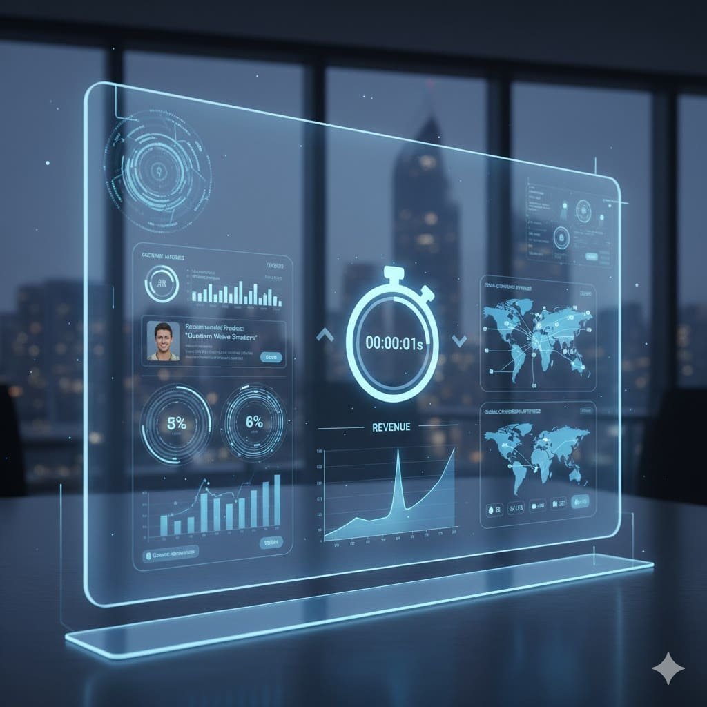 Futuristic, transparent digital dashboard display showing a revenue graph, a global map, user data, and a large stopwatch displaying a load time of 00:00:01s, symbolizing instant performance and data-driven results.