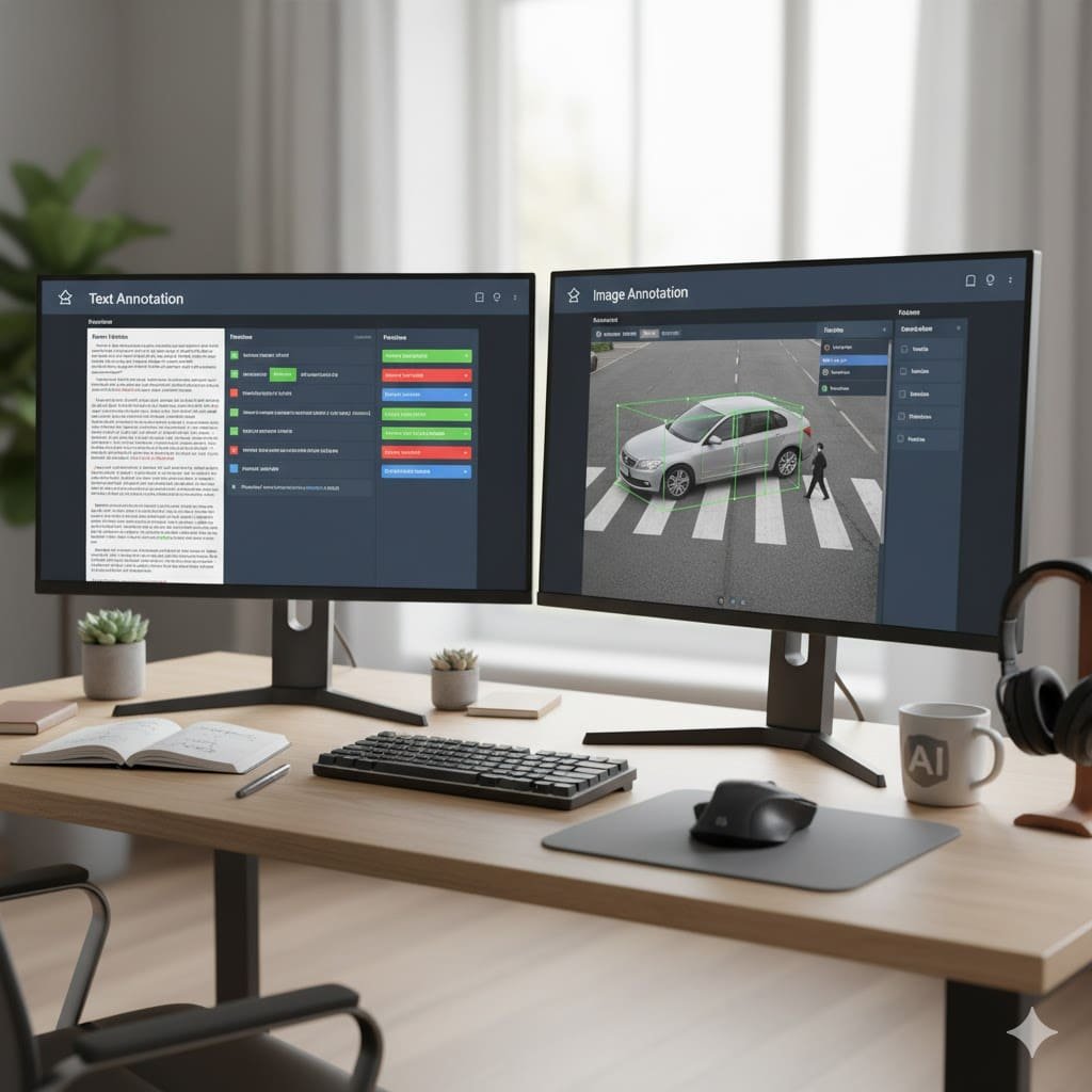 A clean, modern home office Data Annotation workstation featuring dual computer monitors. The left screen displays a 'Text Annotation' dashboard with detailed guidelines and labeling fields, while the right screen displays an 'Image Annotation' dashboard showing a car and pedestrian being labeled with a bounding box for computer vision training.