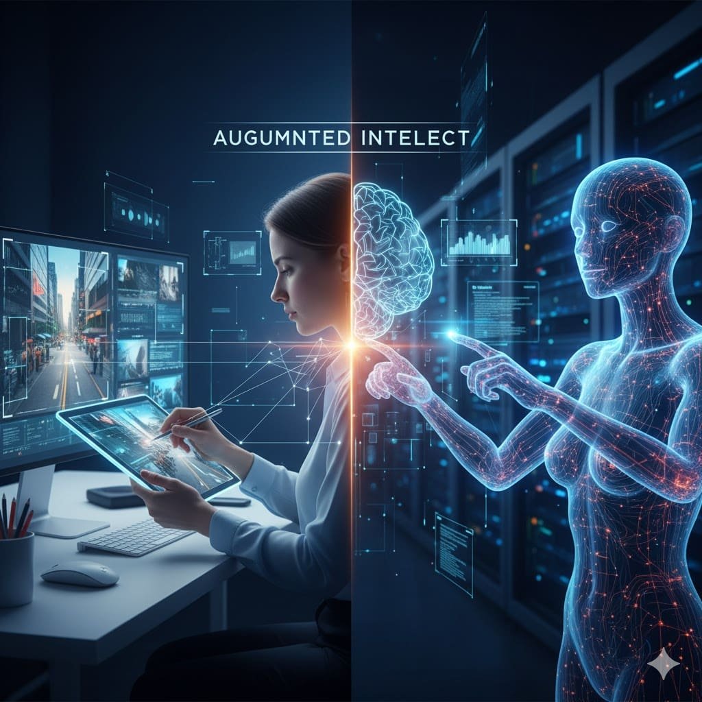 A split-screen visual symbolizing human-AI collaboration. On the left, a woman works at a computer, interacting with a tablet displaying data and a glowing brain graphic indicating human intellect. On the right, a glowing blue, ethereal AI figure interacts with digital data, representing artificial intelligence. The text "AUGMENTED INTELLECT" is displayed, emphasizing human-AI partnership.