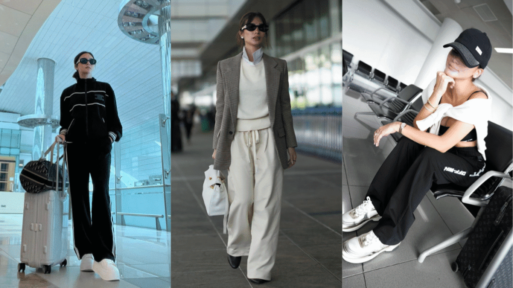 Three airport OOTD photos highlighting comfort, capsule fashion, and luxury travel looks.